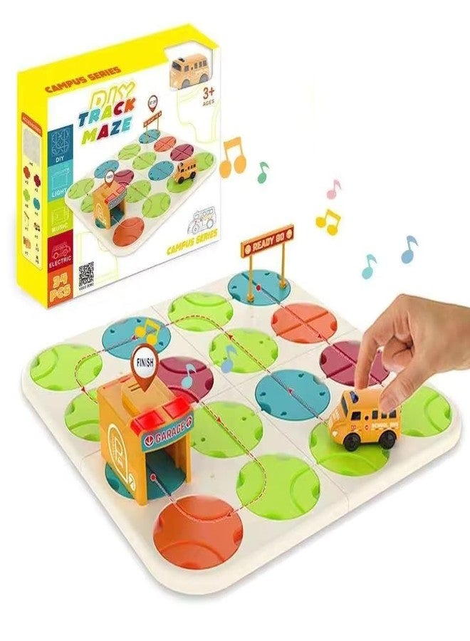 Babelly DIY Track Maze Race Car Track Building Block Educational Toy Set Tiles DIY Play Set 2 Light Up Car STEM Learning Construction (School Bus) - Image 1